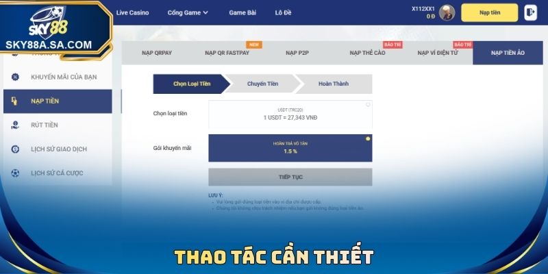 Thao tác cần thiết tại Link nạp tiền Sky88 mới nhất